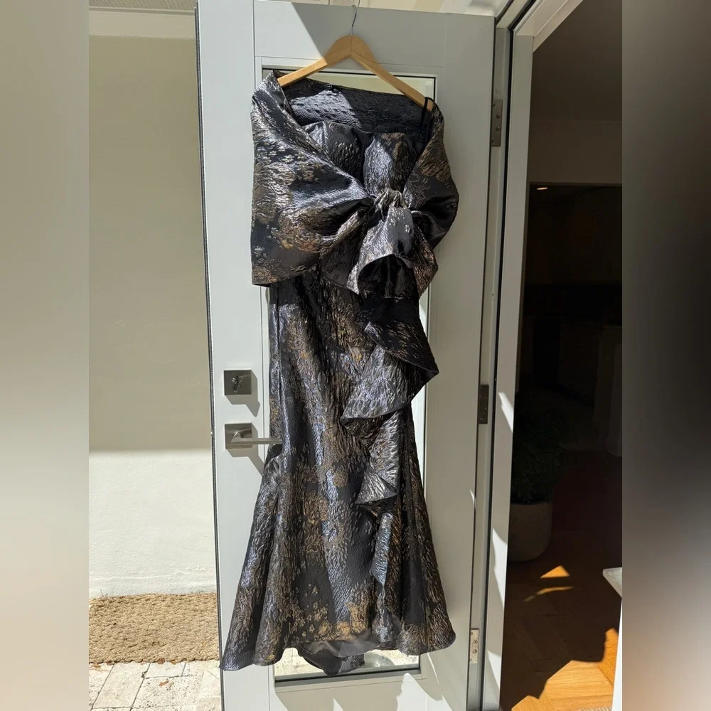 JOVANI Ruffled Accent Mermaid Evening Gown Gray and Gold with custom bolero - Picture 13 of 14